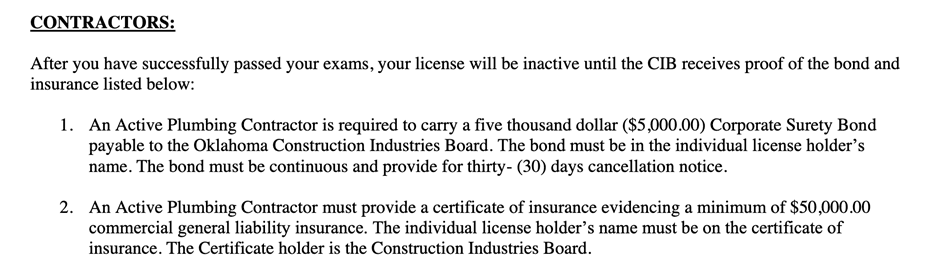 Section outlining the bonding and insurance prerequisites for trade contractor licensing requirements.