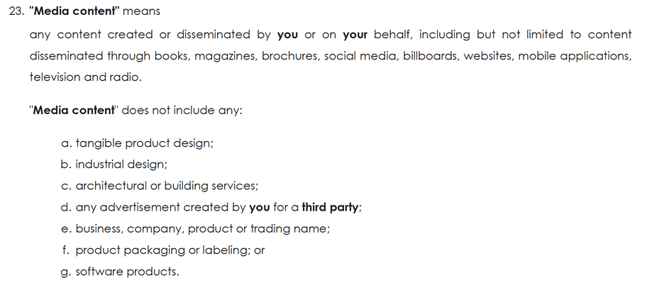 Section from a Cyber Liability Insurance policy that defines "Media Content." 