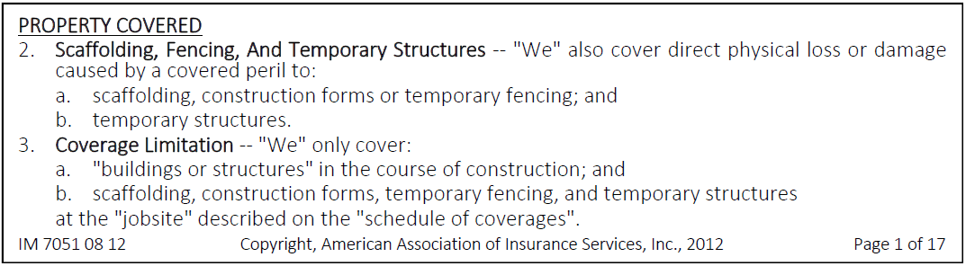 Section of the Builder's Risk insurance policy highlighting additional covered property types.