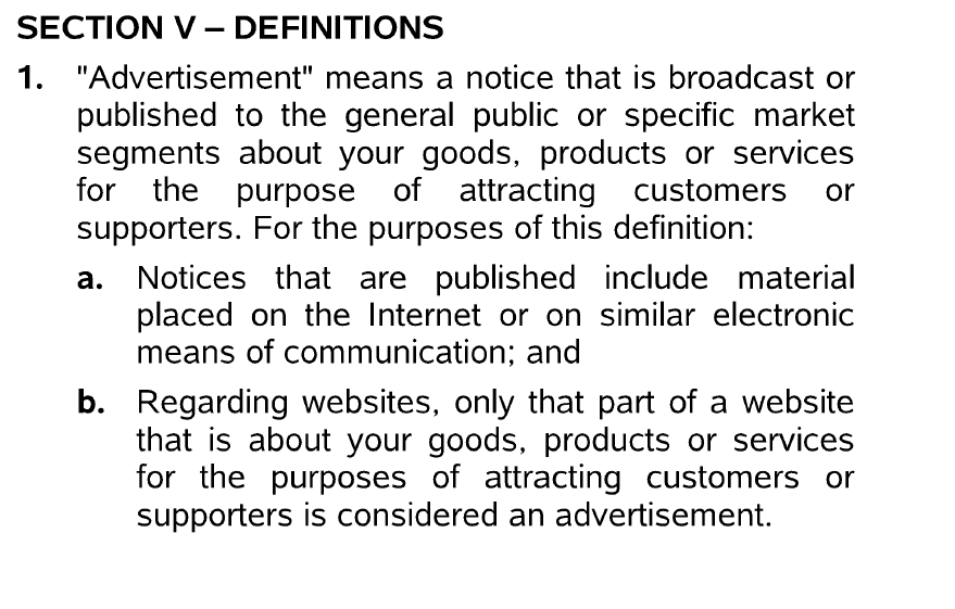 Section from a General Liability policy that defines "Advertisement."