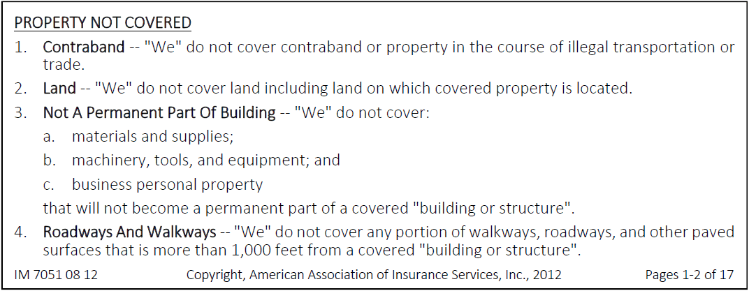 Section of the Builder's Risk insurance policy delineating "Property Not Covered" with a list of specified exclusions.