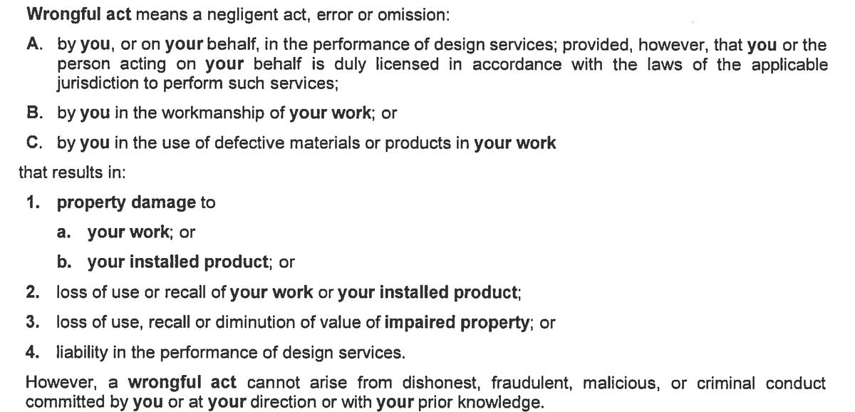 Excerpt from the definitions section of a Contractors Errors & Omissions policy, highlighting the definition of 'Wrongful Act'.