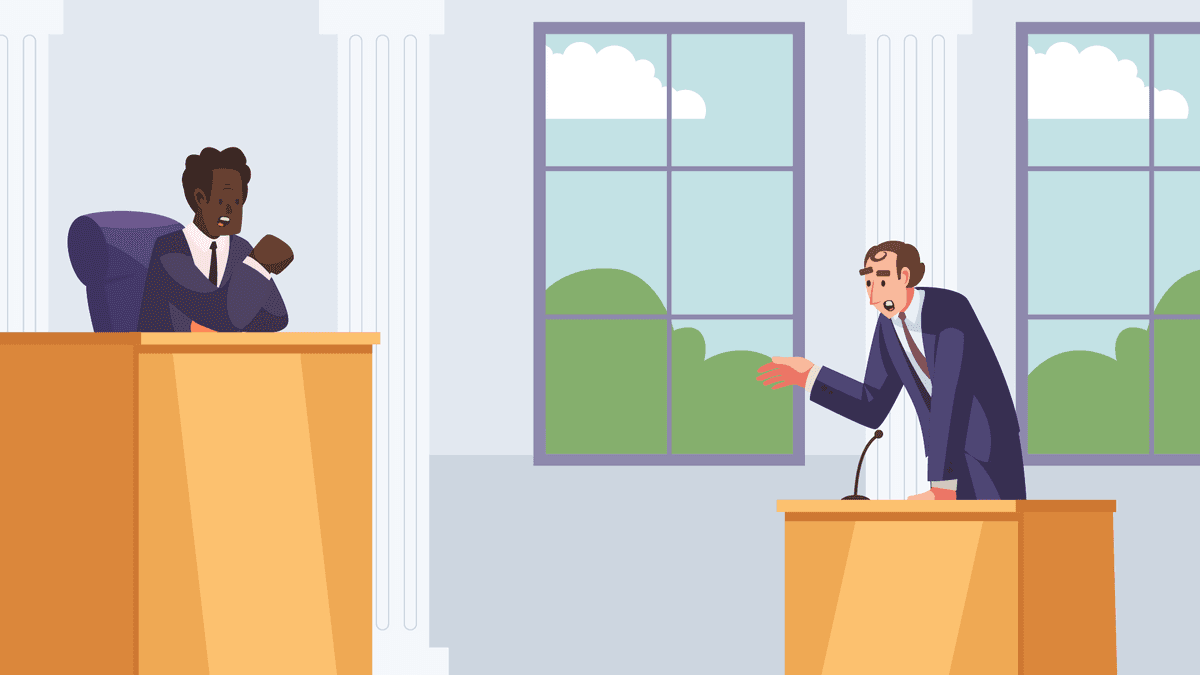 Illustration of a marketing agency owner in court talking to a judge.