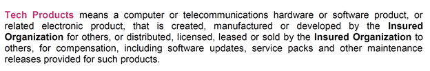 Excerpt from a Tech E&O insurance policy showcasing the definition of "Tech Products", specifying the types of technological products and solutions covered under the policy.