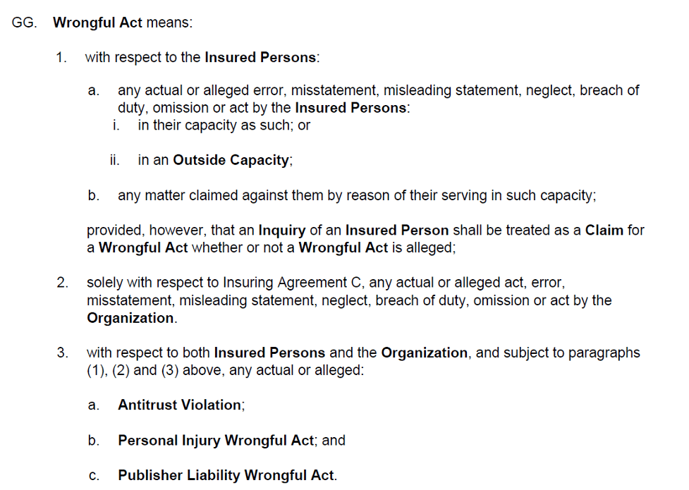 Section from a Directors & Officers (D&O) Insurance policy that defines "Wrongful Act."