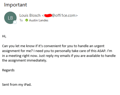 Screenshot of a deceptive email claiming to be from "LandesBlosch", requesting sensitive information.