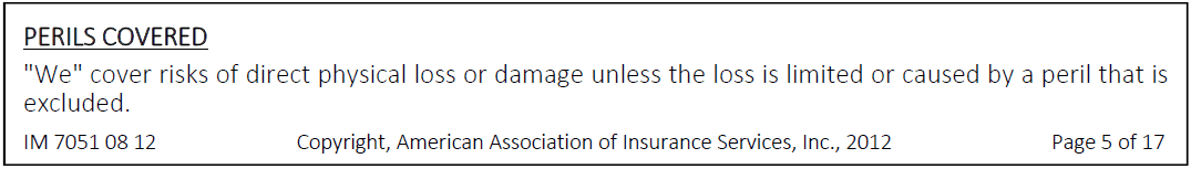 Segment of the Builder's Risk insurance policy showcasing the "Perils Covered" section.