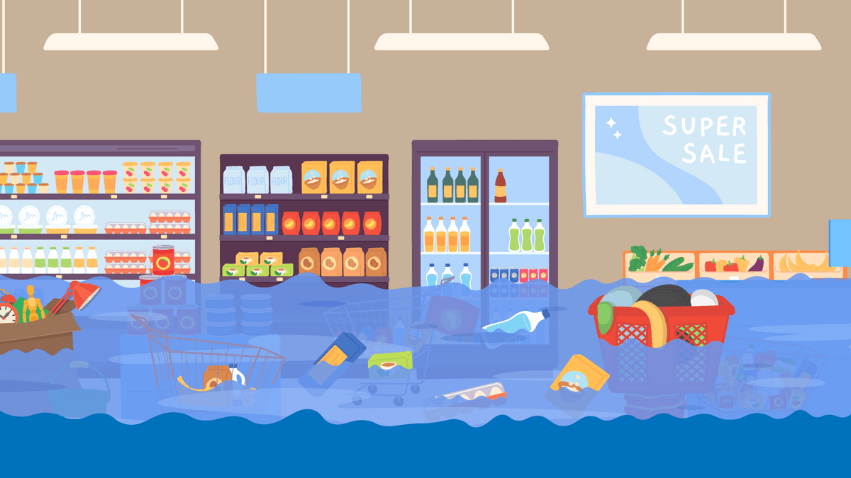 Illustration of a flood damaging the contents of a retail store.