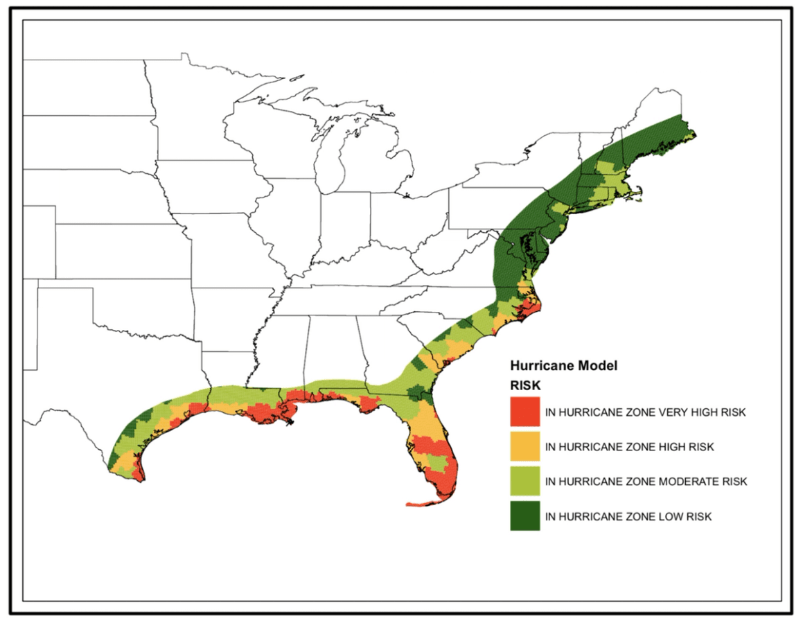 Map of the eastern United States with areas along the Atlantic coast and Gulf of Mexico highlighted, indicating regions most susceptible to hurricane damage. Concentrated shades represent areas of higher risk, including Florida, the Carolina coasts, and parts of the Gulf coast states.