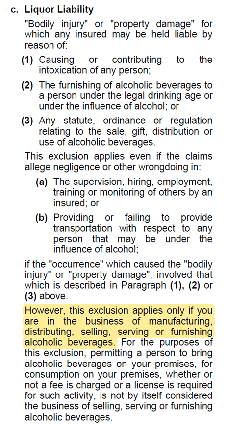 Section from the standard Commercial General Liability (CGL) policy detailing the "Liquor Liability" exclusion. This clause excludes coverage for businesses engaged in the manufacturing, distributing, selling, serving, or furnishing of alcoholic beverages.