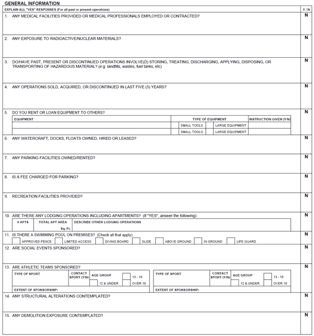 General Information section of the form, consisting of 22 yes/no questions aimed at gauging the potential risks associated with an entity's operations. The responses guide the insurance company in predicting the likelihood of specific claims arising from the insured's activities.