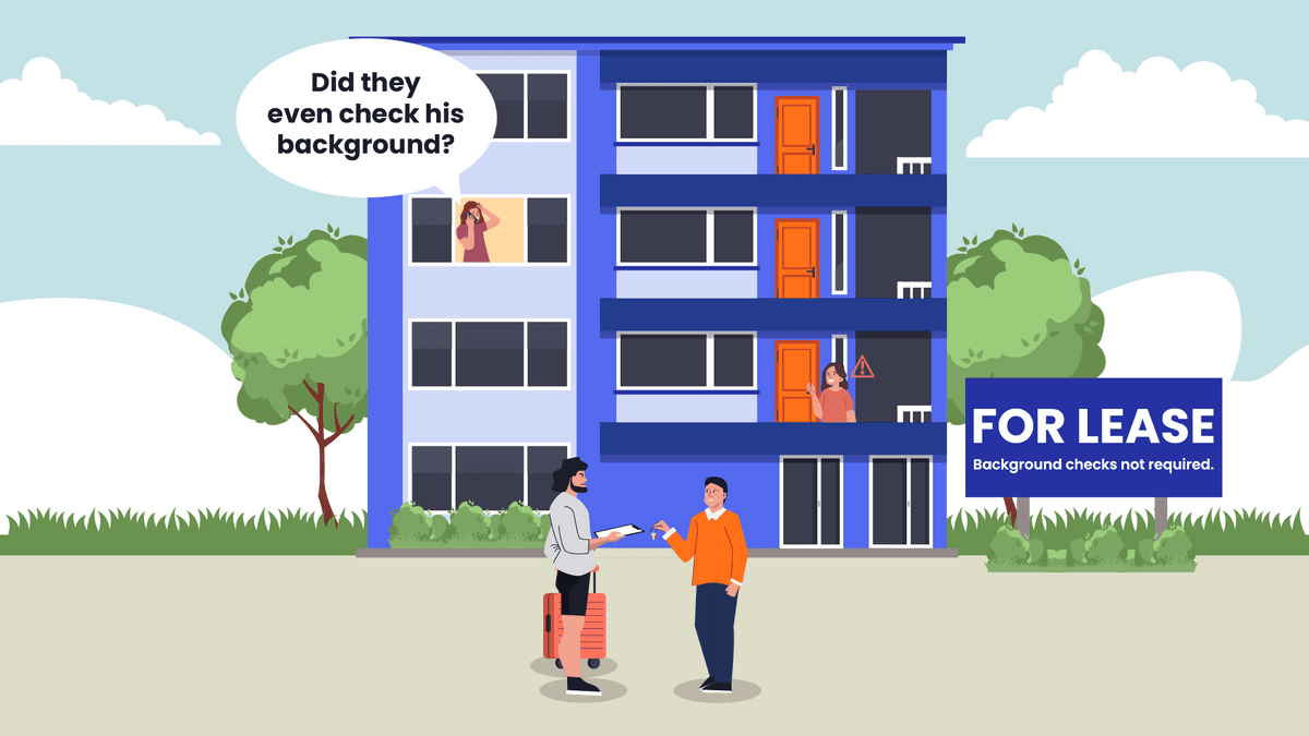 An illustration of a tenant getting their keys to an apartment with the implication that the property manager did not run a background check.