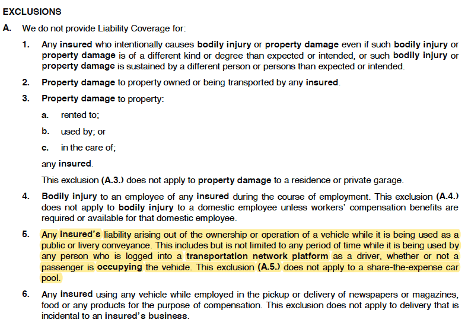 Snapshot of the "Exclusions" section from a Personal Auto Policy. Highlighted within is the "Public or Livery Conveyance Exclusion," which specifies that the policy does not provide coverage for vehicles used for transporting people or goods for compensation or a fee, such as taxi services, ridesharing, or delivery.