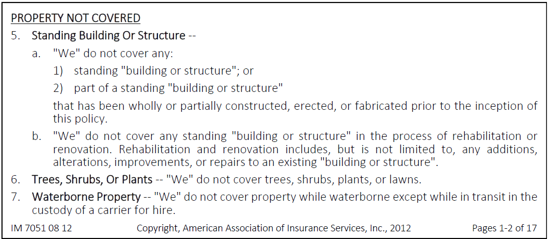 Continuation of the "Property Not Covered" section in a Builder's Risk insurance policy, detailing additional exclusions.
