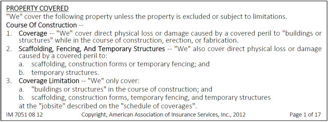 Section of a Builder's Risk insurance policy detailing the types of property that's covered.
