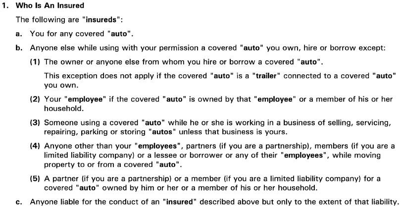 Section from a commercial auto policy titled 'Who is an insured,' detailing the individuals covered when operating a commercial vehicle.