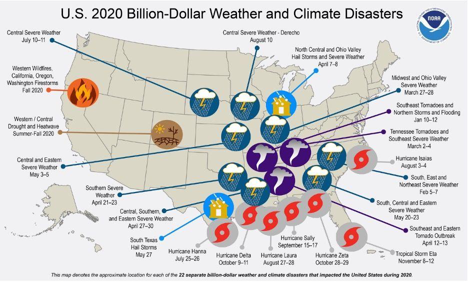 Map of the United States highlighting regions affected by natural disasters in 2020, each causing over a billion dollars in damages.