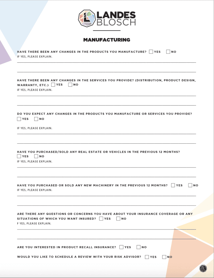 Snapshot of a "Manufacturing Renewal Questionnaire" form, designed to gather pertinent data from manufacturing businesses for insurance renewal considerations.